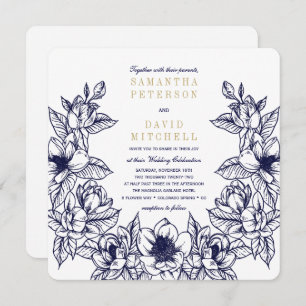 Convites Floral Magnolia Wreath   Azul e Dourado   Casament