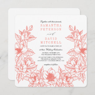 Convites Floral Magnolia Wreath Coral Casamento