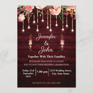 Convites Floral Maroon Wooden Rustic Wedding
