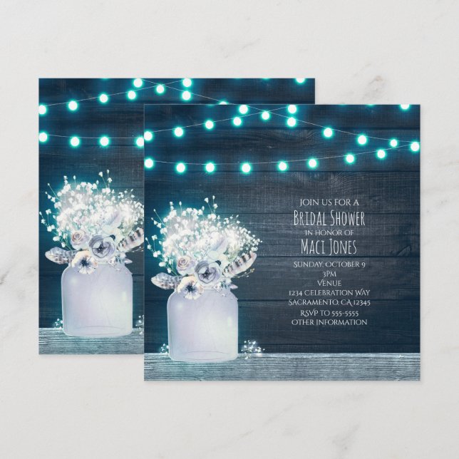 Convites Floral Mason Jar Blue Luzes Russas Noverno Bridal (Frente/Verso)