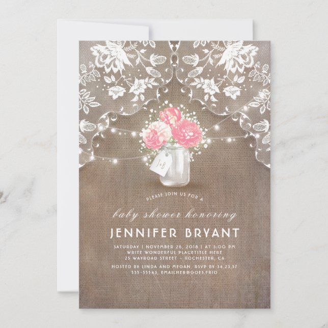 Convites Floral Mason Jar Lace e Chá de fraldas Burlap (Frente)