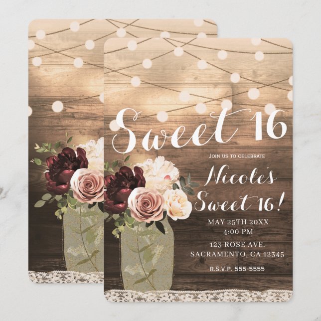 Convites Floral Mason Jar & Lights Rustic Country Sweet 16 (Frente/Verso)