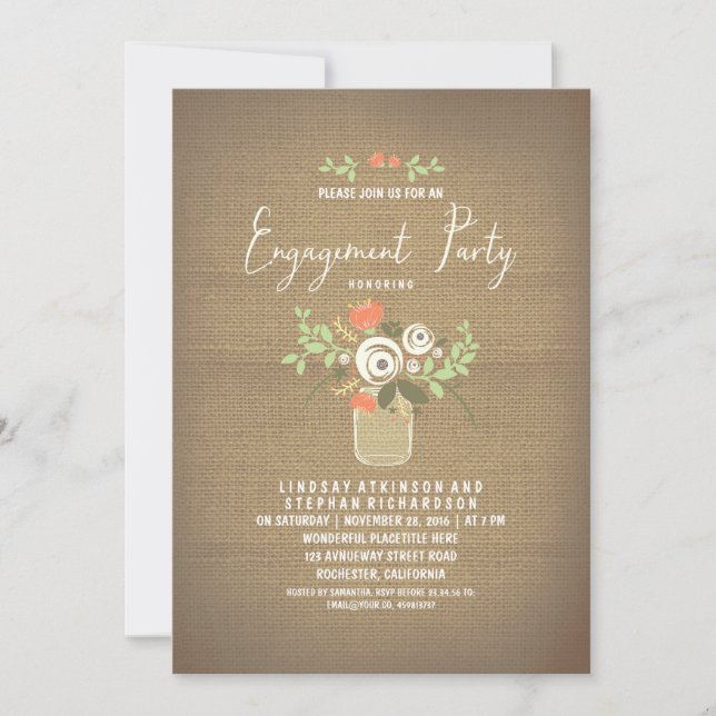Convites Floral Mason Jar Rustic Burlap Festa de noivado (Frente)