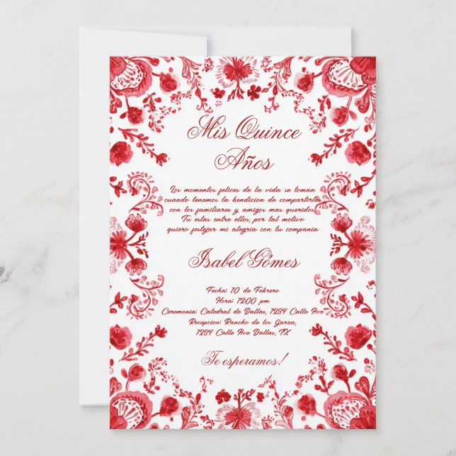 Convites Floral mexicana de Quinceañera (Frente)