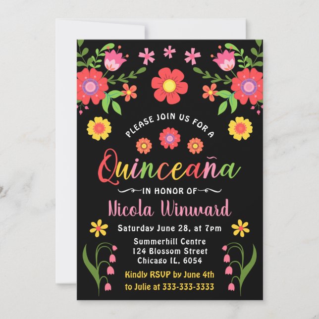 Convites Floral Mexicana Festa Quinceañera  (Frente)