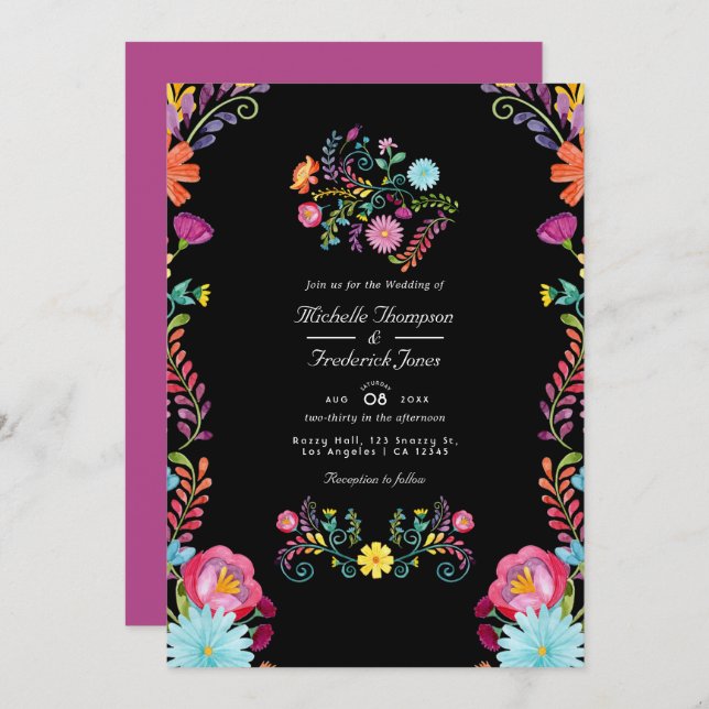 Convites Floral Mexicano Fiesta QR Code RSVP Wedding (Frente/Verso)