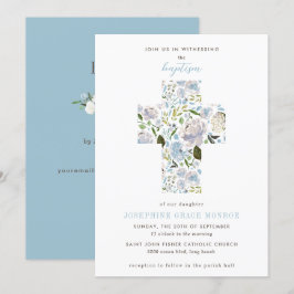 Convites Floral Moderno Cruz Religiosa Luz Azul Batismo