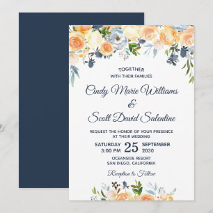 Convites Floral Moderno em Aquarela Azul Marinho Coral Casa