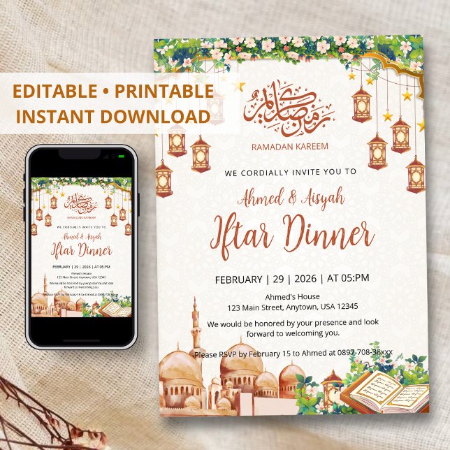 Convites Floral Mosque & Lanterns Ramadan Iftar Dinner (Criador carregado)