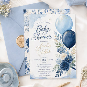 Convites Floral Navy É um Menino Balão Chá de Bebê