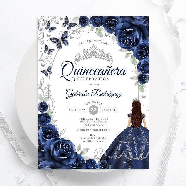 Convites Floral Navy Prata Quinceanera (Criador carregado)