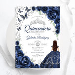 Convites Floral Navy Silver Quinceanera<br><div class="desc">Navy silver and white floral Quinceanera celebration invitation. Features brunette girl in ball gown dress,  script font,  silver butterflies,  watercolor roses and tiara. Perfect for an elegant princess style glam celebration. Personalize with your own details. Printed Zazzle invitations or instant download digital printable template.</div>