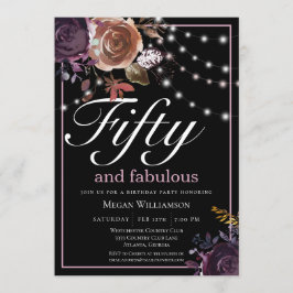 Convites Floral Negro Elegante 50 e aniversário fabuloso