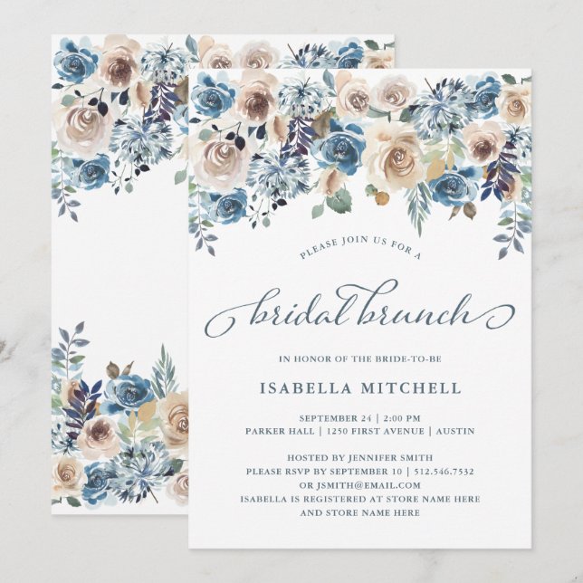 Convites Floral Neutro e Azul | Bridal Brunch (Frente/Verso)