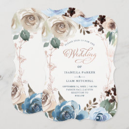 Convites Floral Neutro e Azul | Casamento Dourado Faux Rosa