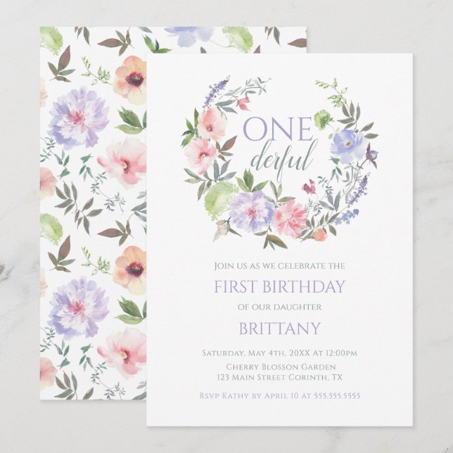Convites Floral Onederful First birthday Invitation (Frente/Verso)