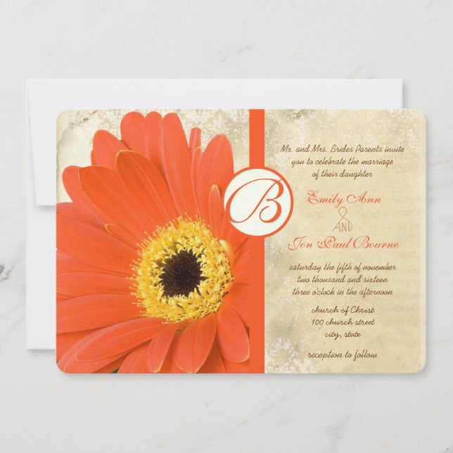Convites Floral Orange Coral Gerber Daisy Lace Wedding (Frente)