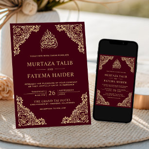 Convites Floral Ornamentado Bordeaux Dourado Casamento Islâ