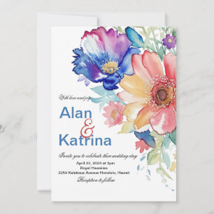 Convites Floral Ousado em Aquarela Azul Rosa Pêssego Casame