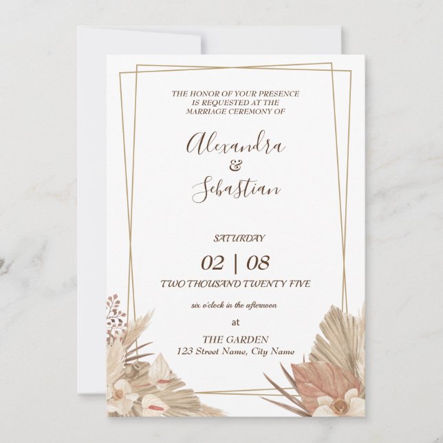 Convites Floral Pampa Grass Wedding Invitation (Frente)