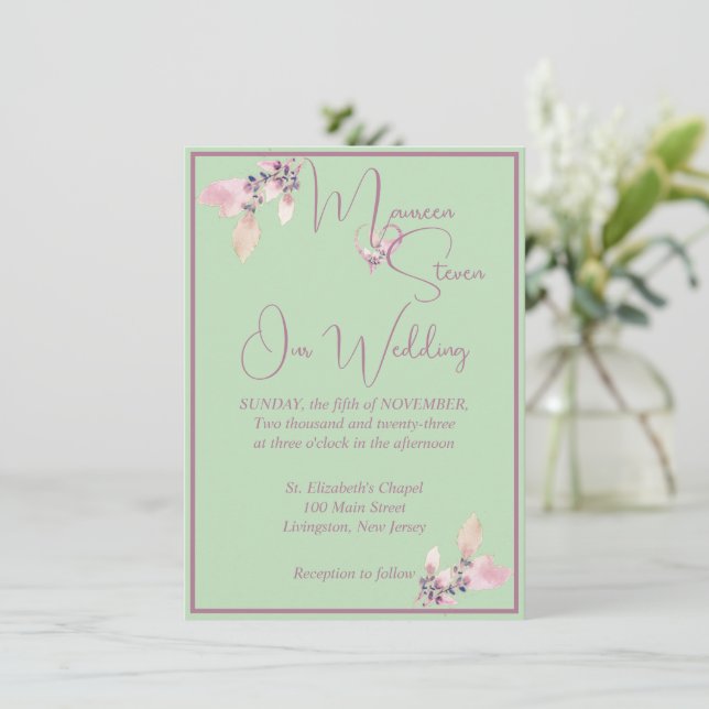 Convites Floral Pastel Green & Mauve Wedding (Em pé/Frente)