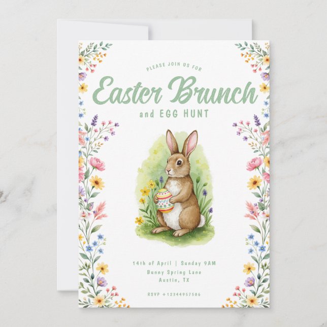 Convites Floral Pastel Watercolor Bunny Easter Brunch (Frente)