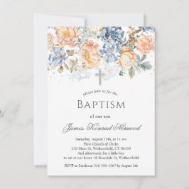 Convites Floral Peach Blush Blue Baptism
