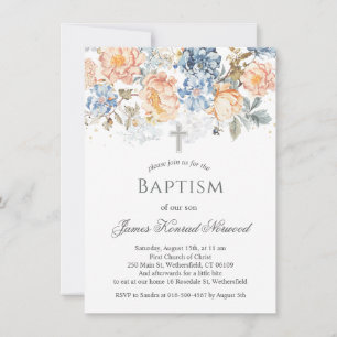 Convites Floral Peach Blush Blue Baptism