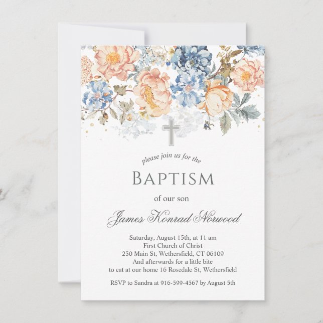 Convites Floral Peach Blush Blue Baptism (Frente)