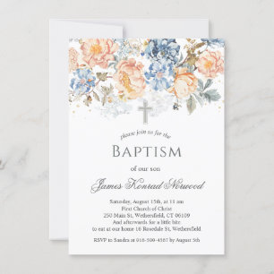 Convites Floral Peach Blush Blue Baptism