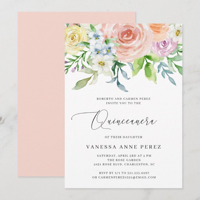 Convites Floral Peach Watercolor Quinceañera (Frente/Verso)
