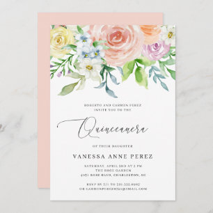 Convites Floral Peach Watercolor Quinceañera