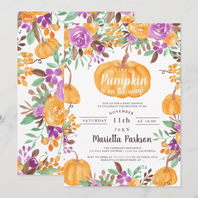 Convites Floral Pequeno abóbora queda chá de fraldas aquare (Frente/Verso)