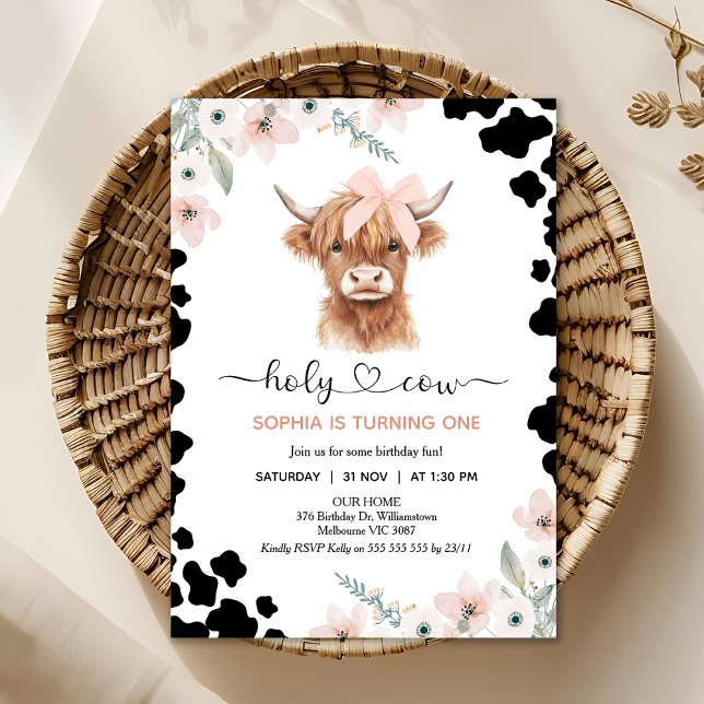 Convites Floral Pink Black Highland Cow Holy Cow Birthday (Holy Cow Birthday Invitation, Highland Cow Birthday Invitation, Floral Holy Cow Invitation Template)