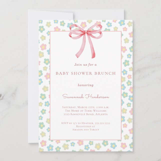 Convites Floral Pink Bow Ribbon Baby Shower Brunch  (Frente)