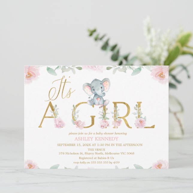 Convites Floral Pink Girl Elephant Baby Shower Invitation (Em pé/Frente)