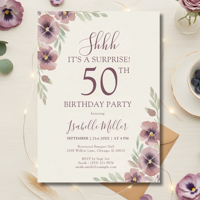 Convites Floral Pink Mauve Surprise 50th Birthday (Floral Pink Mauve Surprise 50th Birthday Invitation)