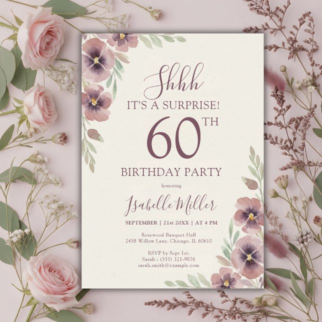 Convites Floral Pink Mauve Surprise 60th Birthday (Floral Pink Mauve Surprise 60th Birthday Invitation)