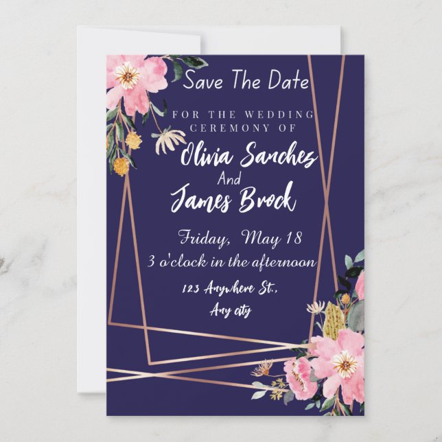 Convites Floral pink Navy Blue Rustic Wedding  (Frente)
