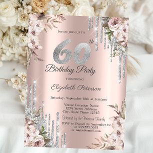 Convites Floral Prata Brilho Gotas Rosa Dourado 60º