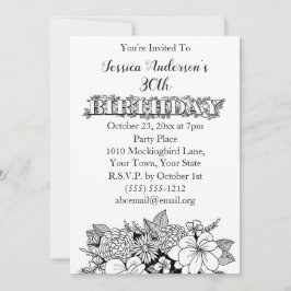 Convites Floral Preto Branco 30º aniversário de 30 anos Con