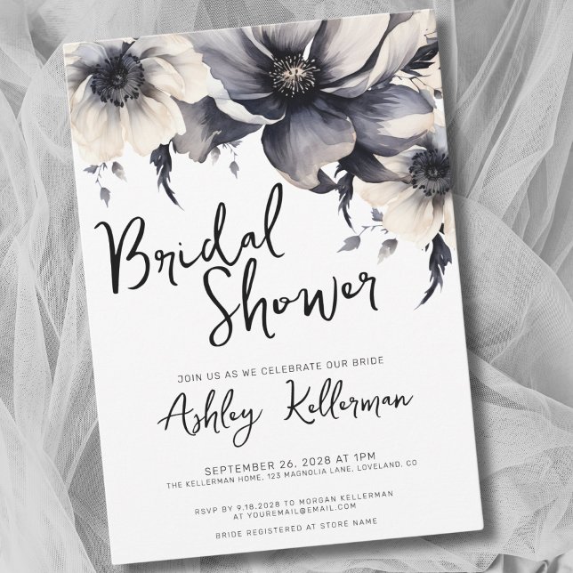 Convites Floral Preto Branco Chuveiro de Noiva (Boho Elegant Floral Black White Bridal Shower Invitation)