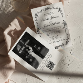 Convites Floral Preto Branco Código QR Botânico Foto Casame