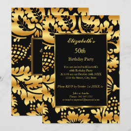 Convites Floral Preto Dourado com Festa de aniversário 50
