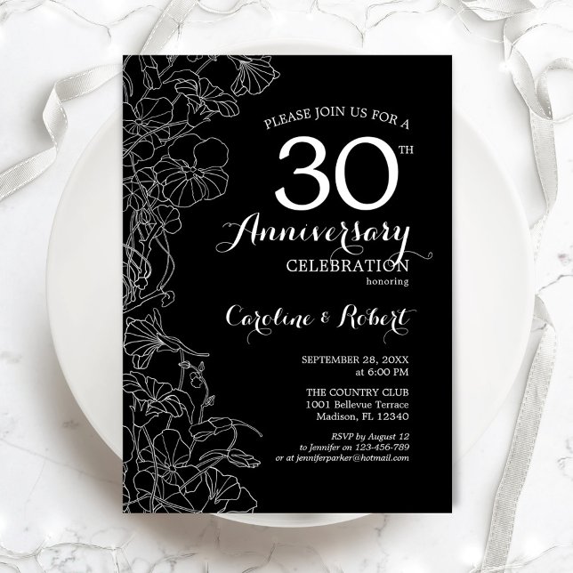 Convites Floral Preto e Branco 30º Aniversário (Criador carregado)