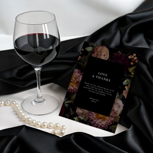 Convites Floral Preto Negro Escuro e Moody Obrigado (Dark and Moody Goth Bridal Thank You Card
)
