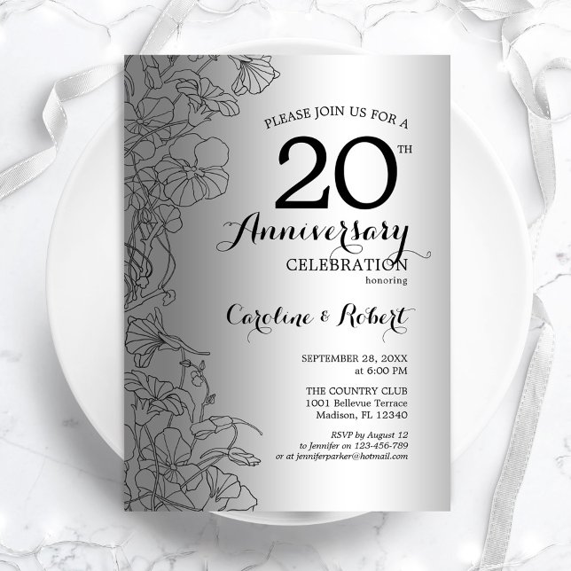 Convites Floral Preto Prata 20º Aniversário (Criador carregado)