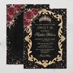 Convites Floral Preto Rosas Vermelhas Tiara Dourada Sweet 1