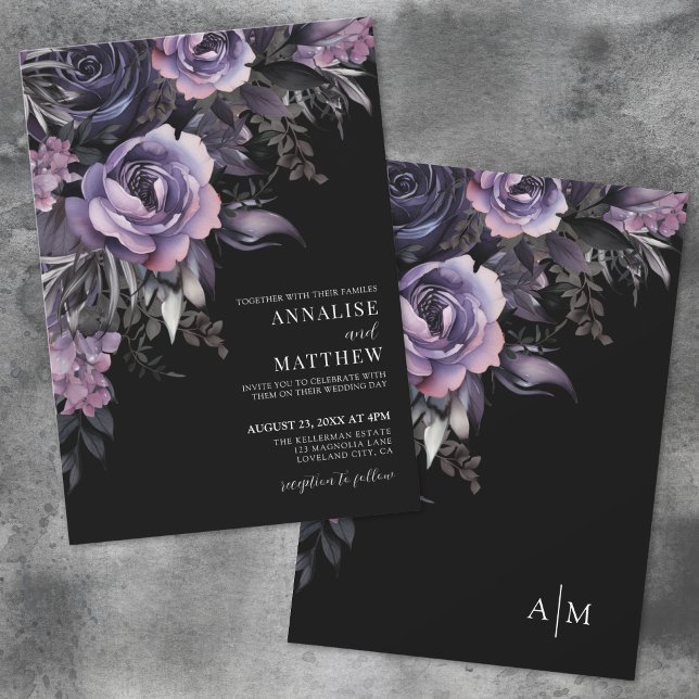 Convites Floral Preto Roxo Escuro Casamento (Dark Purple Floral Black Wedding Invitation)