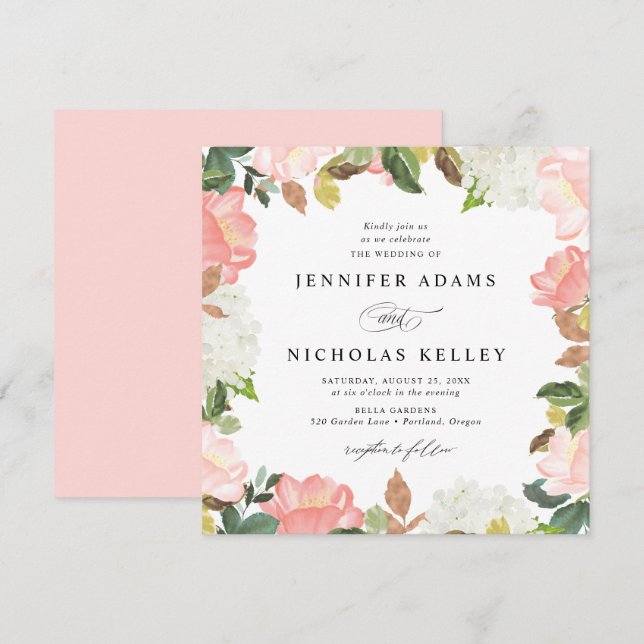 Convites Floral Primavera Blush | Casamento quadrado (Frente/Verso)